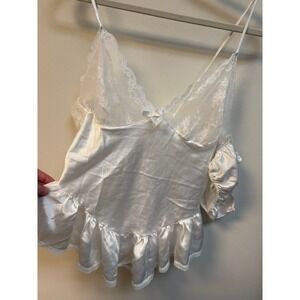 Vintage Style White Satin Lace Trim Romantic Teddy Lingerie Set Large